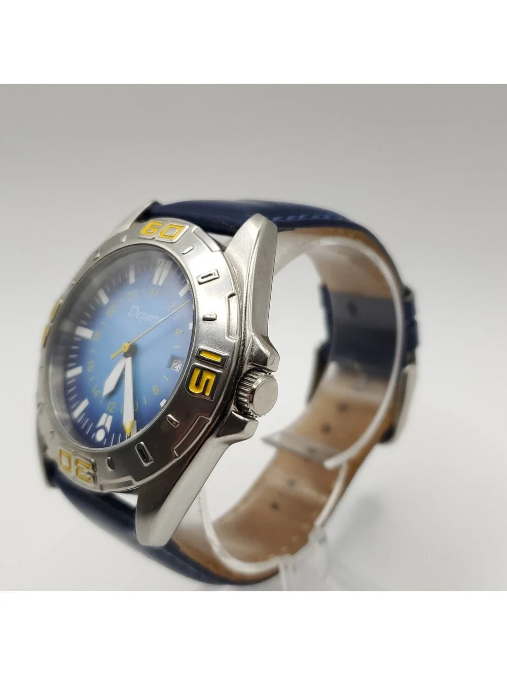 Deporte Mens 42mm Watch New Battery Blue/Yellow Date Dial  Blue Band